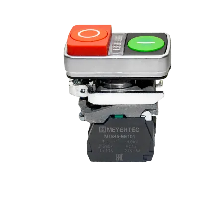 Кнопка двойная выступающая с подсветкой, красная/зеленая, маркировка "I+O", 1NO+1NC, 24V AC/DC, IP65, металл