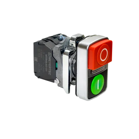 Кнопка двойная выступающая с подсветкой, красная/зеленая, маркировка "I+O", 1NO+1NC, 24V AC/DC, IP65, металл