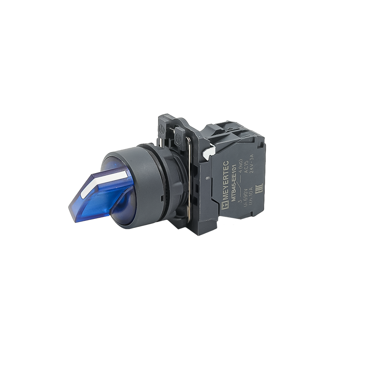 Переключатель  на 2 положения с фиксацией и подсветкой, синий, 1NO, 220V AC/DC, IP65, пластик