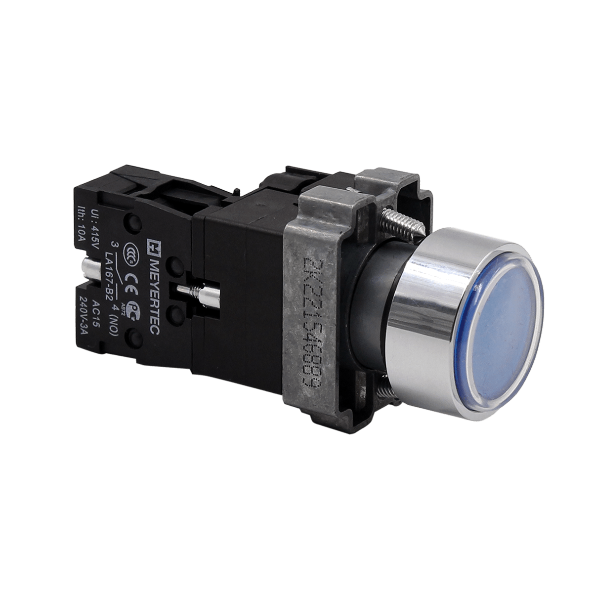 Кнопка плоская синяя с подсветкой, 220V AC/DC, 1NO, IP67, металл