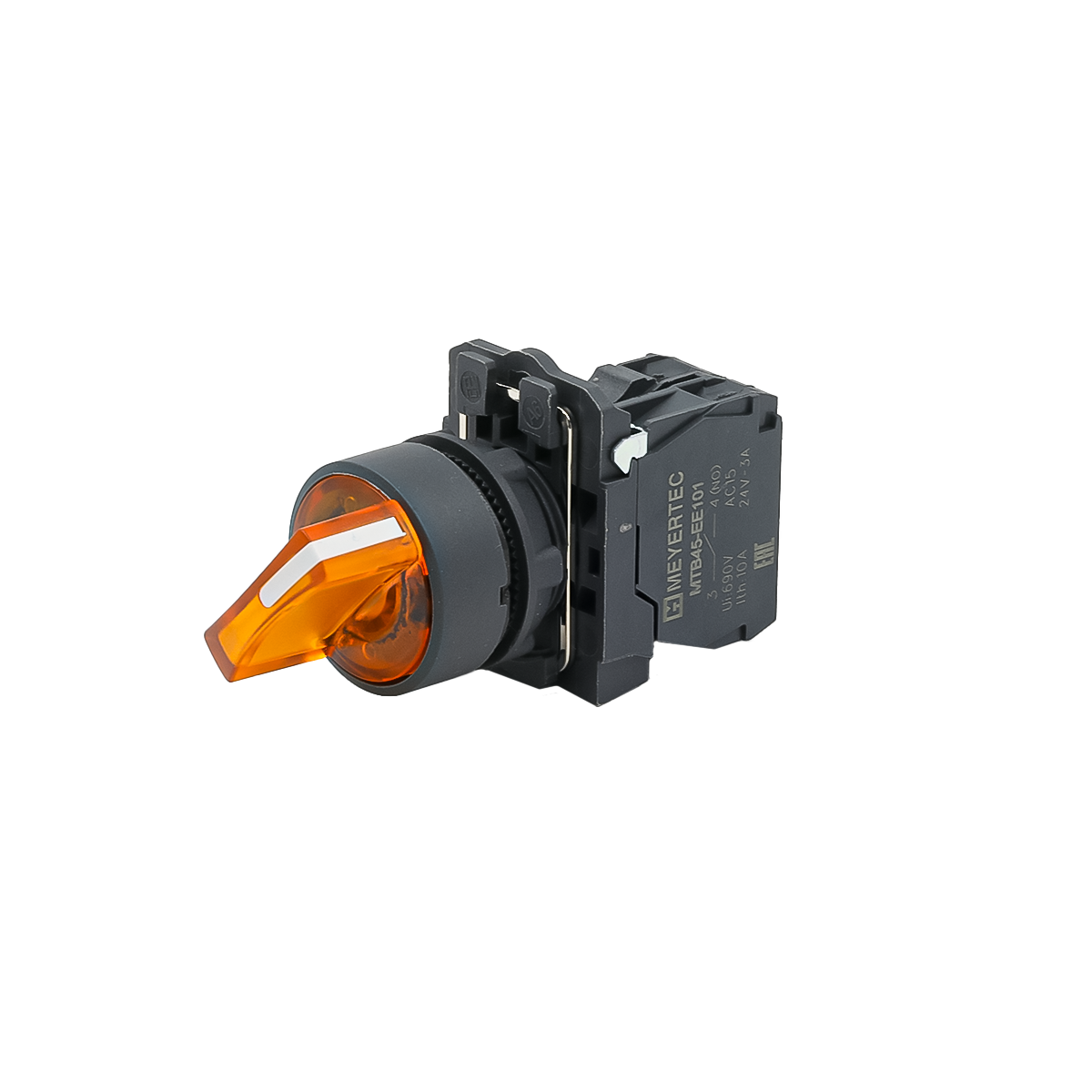 Переключатель  на 2 положения с фиксацией и подсветкой,  желтый, 1NO, 220V AC/DC, IP65, пластик