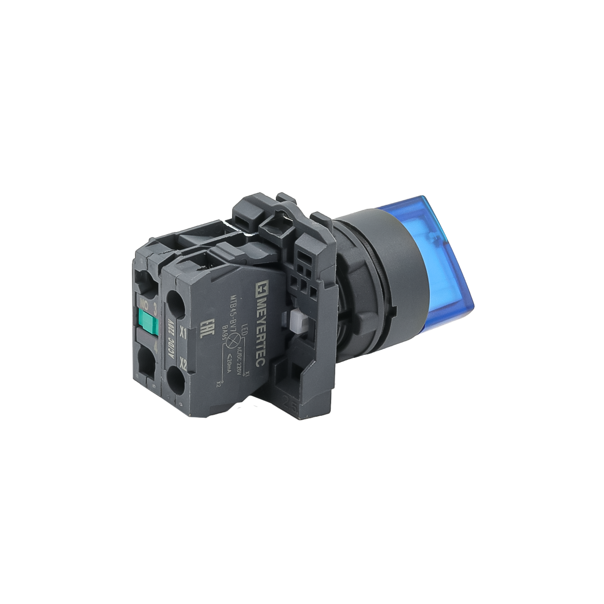 Переключатель  на 2 положения с фиксацией и подсветкой, синий, 1NO, 220V AC/DC, IP65, пластик