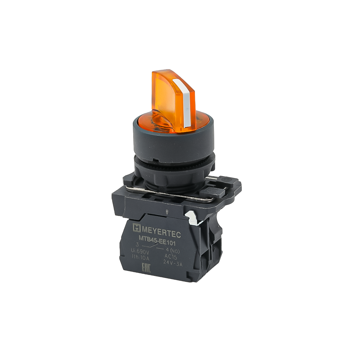 Переключатель  на 2 положения с фиксацией и подсветкой,  желтый, 1NO, 220V AC/DC, IP65, пластик