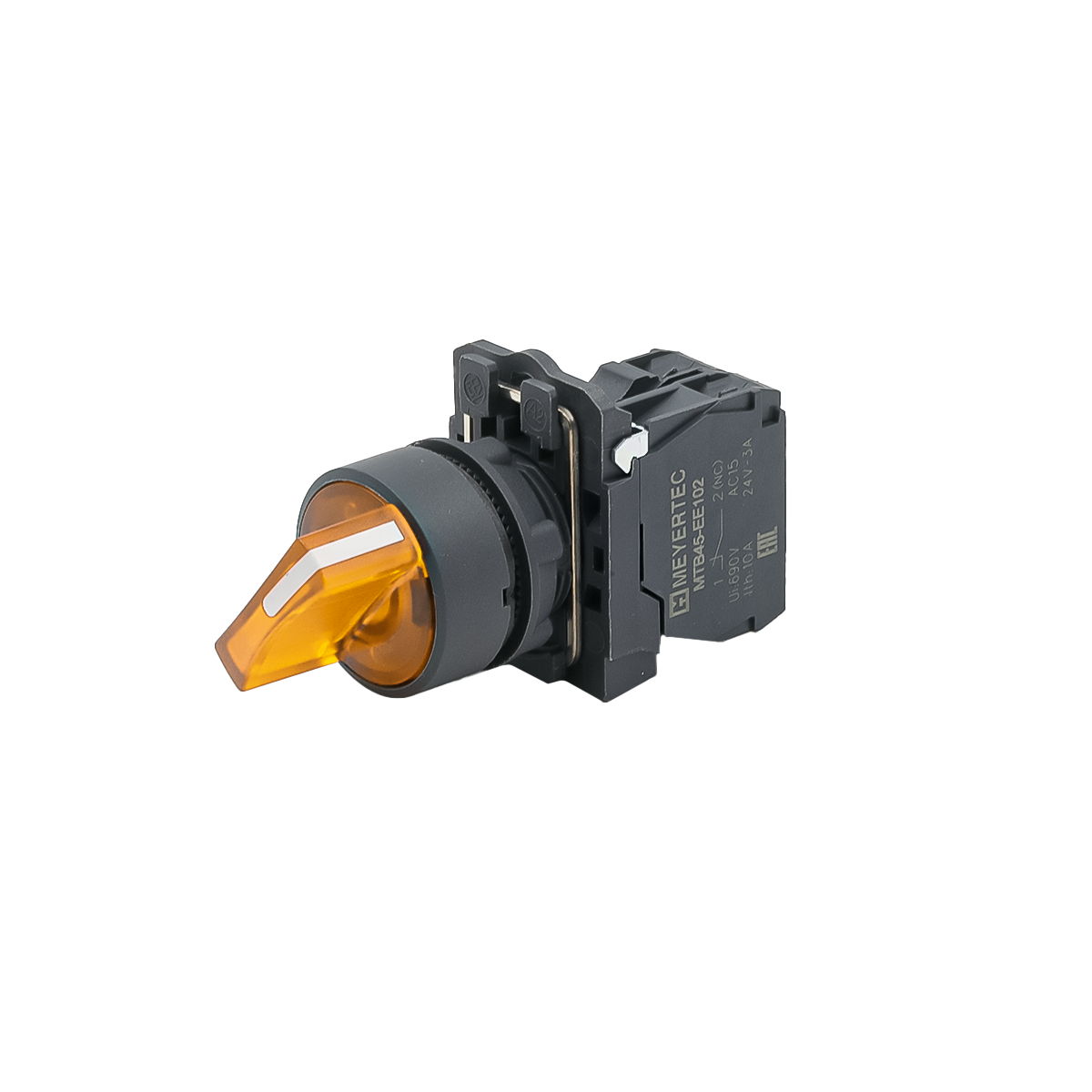 Переключатель  на 3 положения с фиксацией и подсветкой,  желтый, 1NO, 24V AC/DC, IP65, пластик