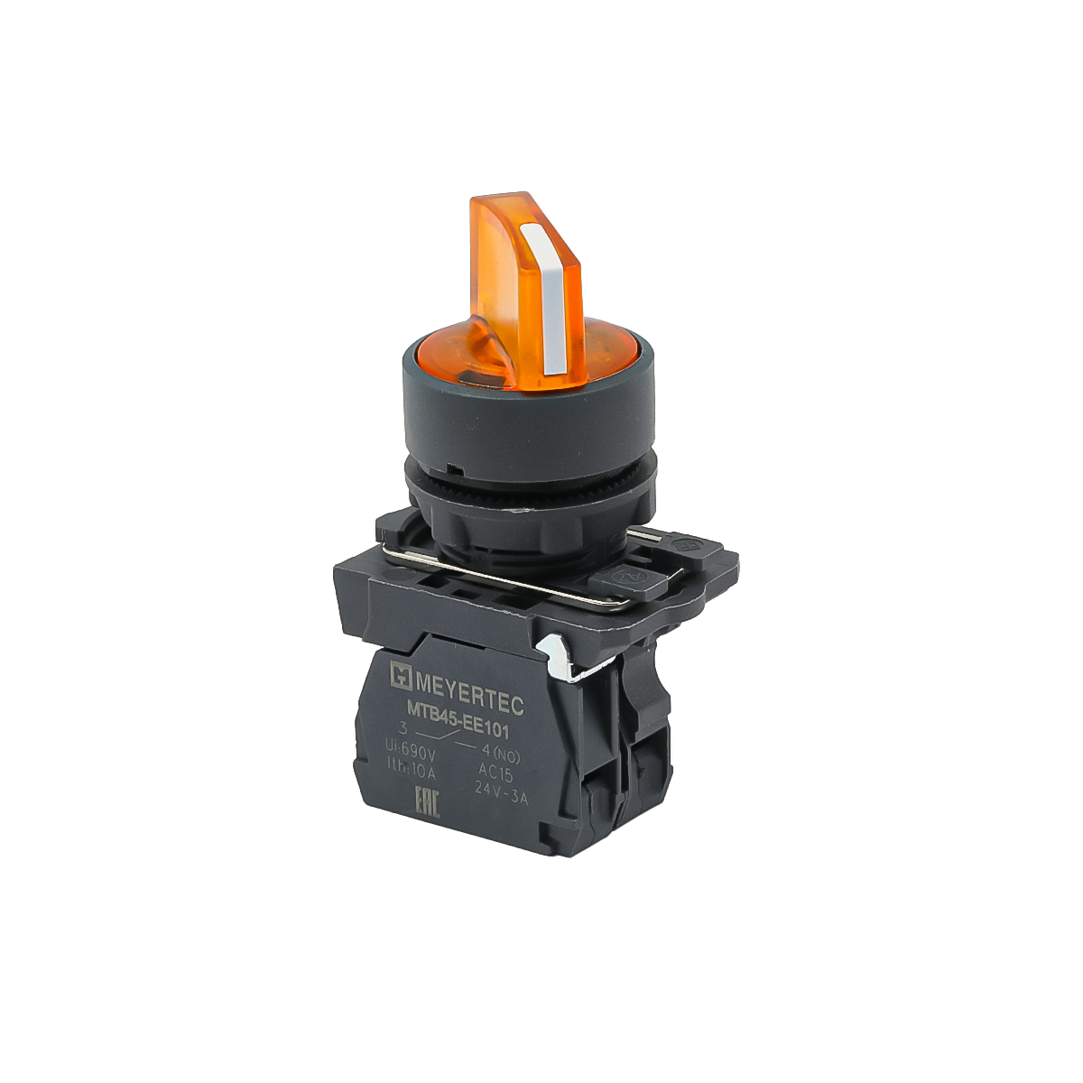 Переключатель  на 3 положения с фиксацией и подсветкой,  желтый, 1NO, 24V AC/DC, IP65, пластик