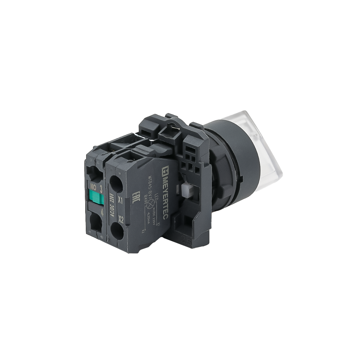 Переключатель  на 3 положения с фиксацией и подсветкой,  белый, 1NO, 220V AC/DC, IP65, пластик