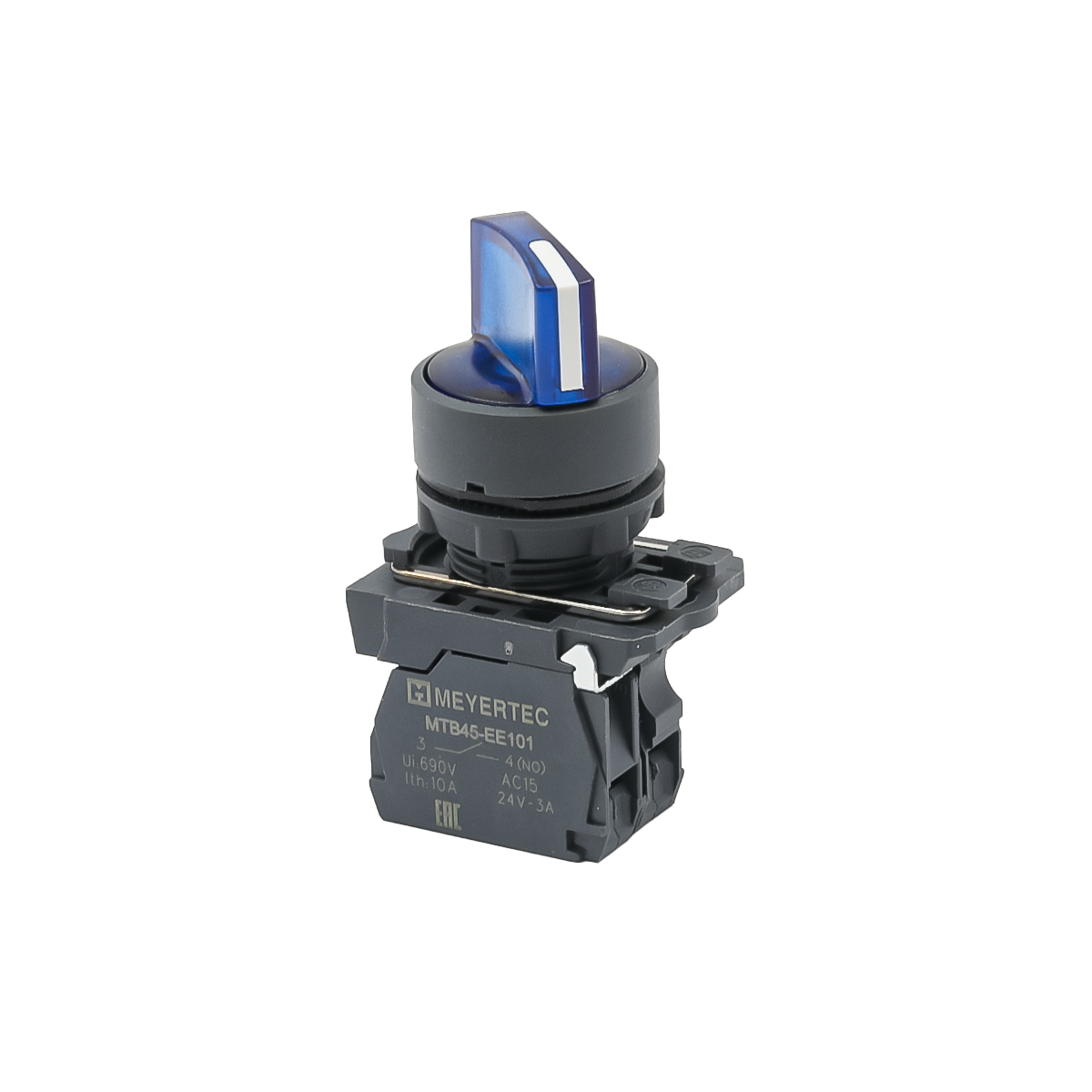 Переключатель  на 2 положения с фиксацией и подсветкой, синий, 1NO, 220V AC/DC, IP65, пластик