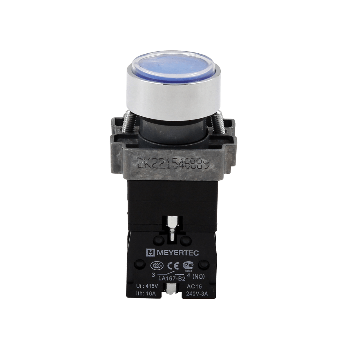 Кнопка плоская синяя с подсветкой, 220V AC/DC, 1NO, IP67, металл