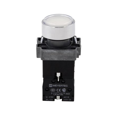 Кнопка плоская белая с подсветкой, 220V AC/DC, 1NO, IP67, металл